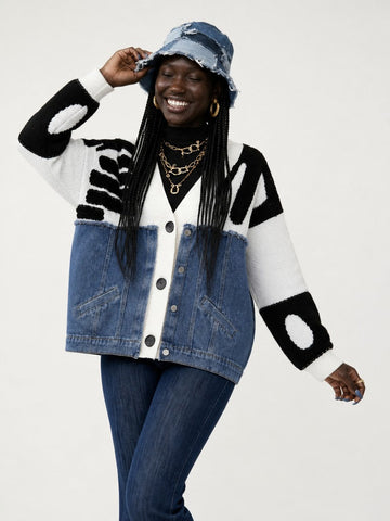 Unique Denim Patchwork Knit Cardigan