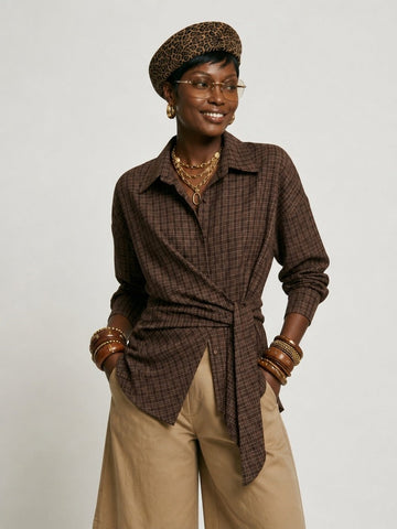 Grounded Plaid Tie-Waist Blouse