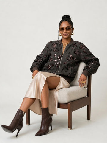 Radiant Sequin Leaf Bomber Jacket
