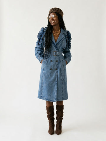 Audacious Ruffled Denim Trench Coat