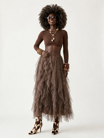 Ethereal Mesh Ruffled Midi Skirt
