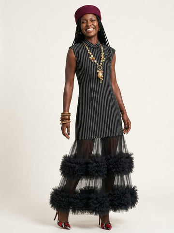 Elegant Striped Mesh Maxi Dress