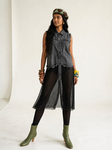 Audacious Denim Mesh Long Vest