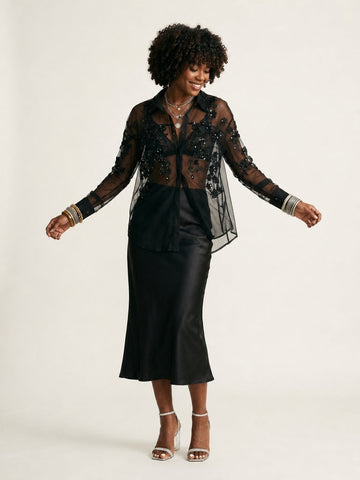 Elegant Beaded Mesh Blouse
