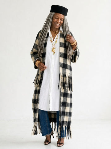 Grounded Plaid Tassel Long Coat