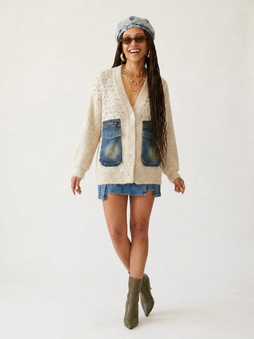 Unique Knit Denim Patchwork Cardigan