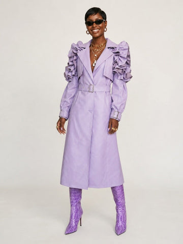 Audacious Ruffled Faux Leather Trench Coat