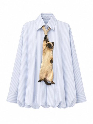 Unique Cat Tie Striped Blouse