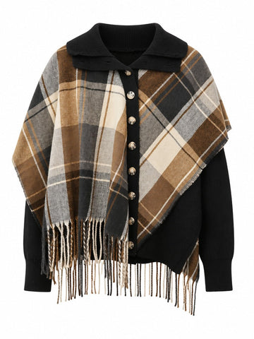 Grounded Plaid Fringe Knit Cardigan