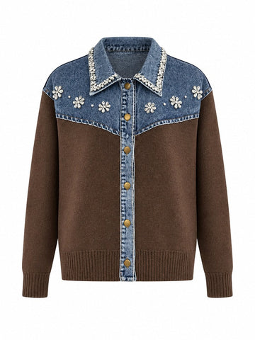 Audacious Crystal Denim Knit Cardigan