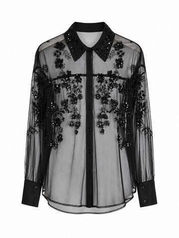 Elegant Beaded Mesh Blouse