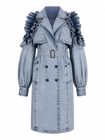 Audacious Ruffled Denim Trench Coat