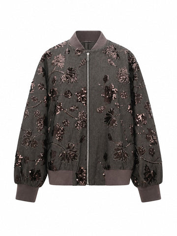 Radiant Sequin Leaf Bomber Jacket