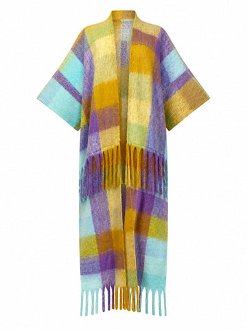 Vibrant Plaid Tassel Long Coat