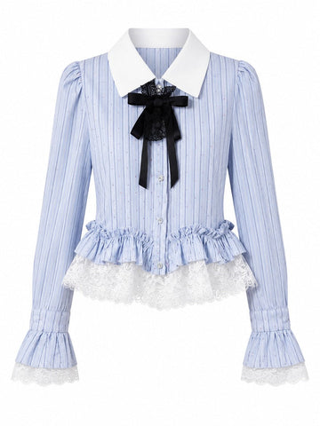 Elegant Ruffled Lace Stripe Blouse