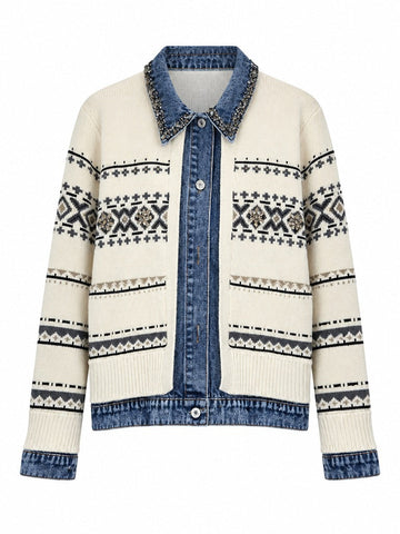 Distinctive Knitted Denim Patchwork Cardigan