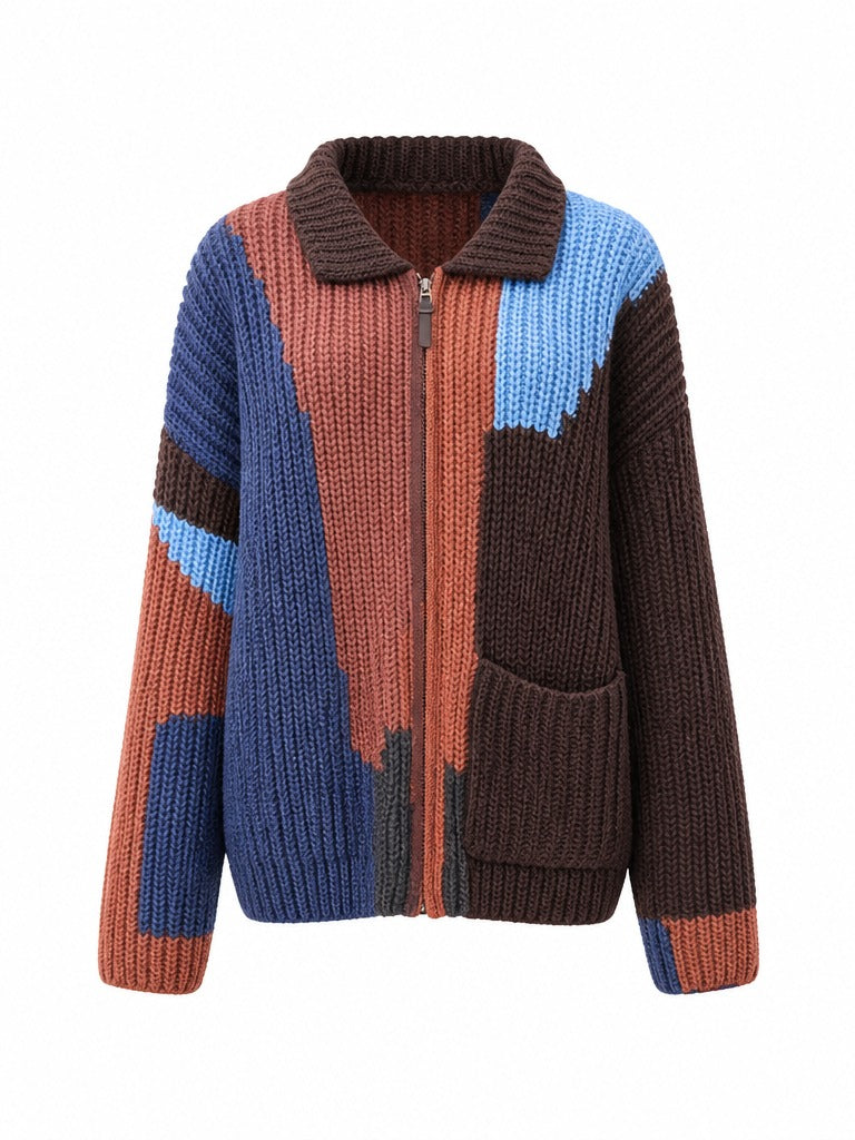 Adventurous Color-Blocked Knitted Cardigan