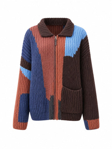 Adventurous Color-Blocked Knitted Cardigan