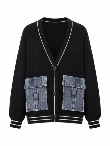 Distinctive Denim Patchwork Knit Cardigan