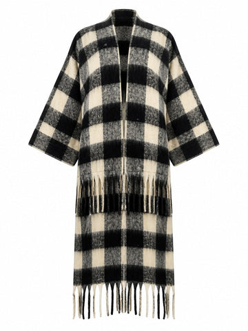 Grounded Plaid Tassel Long Coat