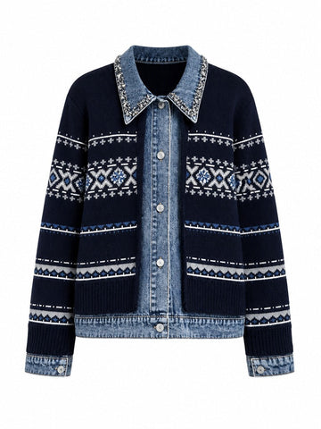 Distinctive Knitted Denim Patchwork Cardigan