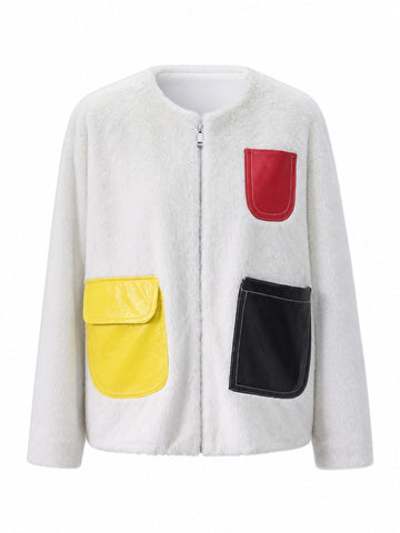 Vibrant Patchwork Faux Fur Jacket