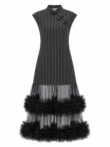 Elegant Striped Mesh Maxi Dress