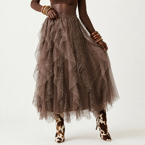 Ethereal Mesh Ruffled Midi Skirt