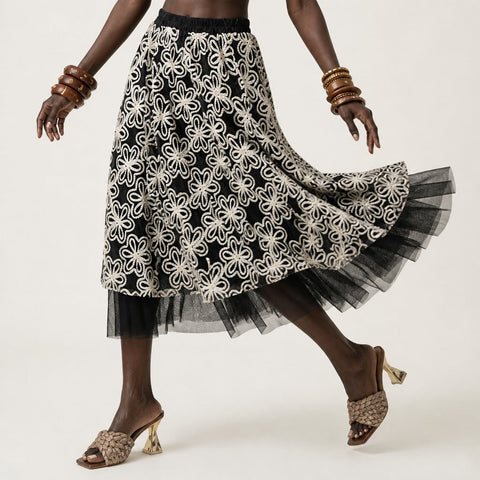 Ethereal Embroidered Mesh Maxi Skirt