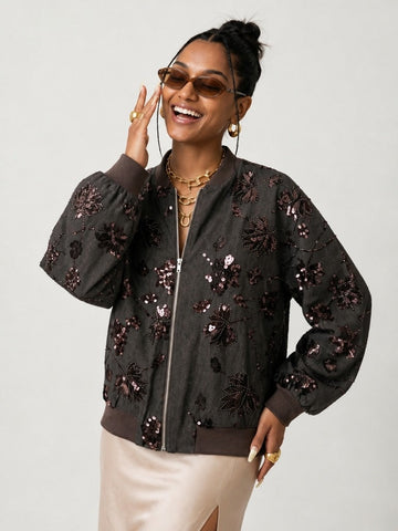 Radiant Sequin Leaf Bomber Jacket