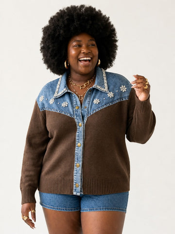 Audacious Crystal Denim Knit Cardigan