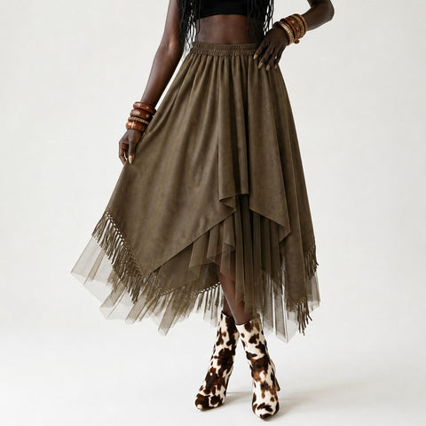 Wanderlust Faux Suede Tassel Maxi Skirt