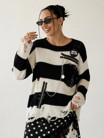 Audacious Ripped Striped Knit Pullover