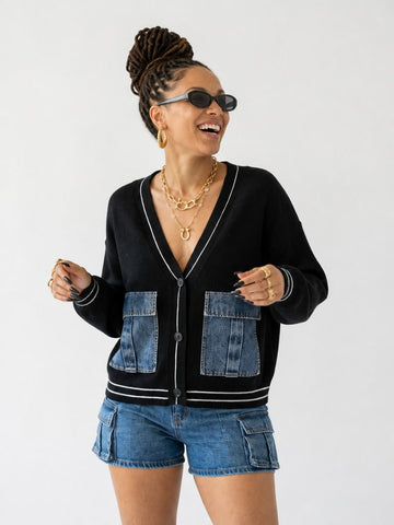 Distinctive Denim Patchwork Knit Cardigan