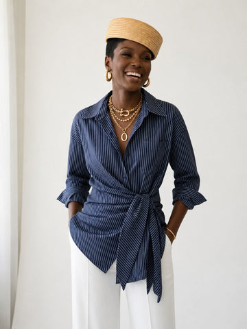 Confident Striped Tie-Waist Blouse