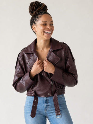 Confident Diamond Pattern Vegan Leather Jacket