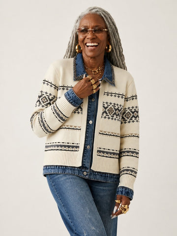 Distinctive Knitted Denim Patchwork Cardigan