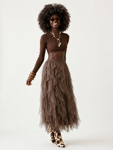 Ethereal Mesh Ruffled Midi Skirt