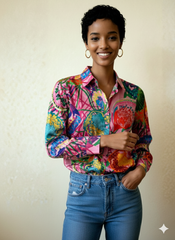 Multicolor Neon Abstract Floral Print Button-Up Blouse