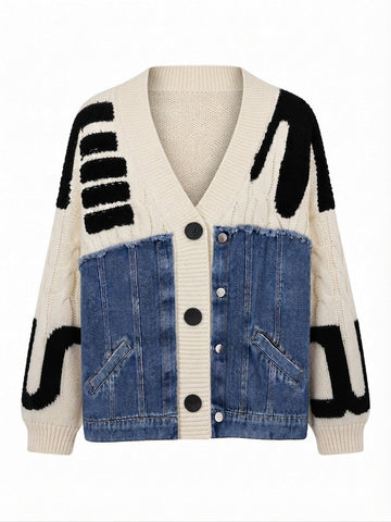 Unique Denim Patchwork Knit Cardigan