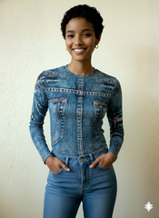 Trompe L'Oeil Denim Print Long-Sleeve Top