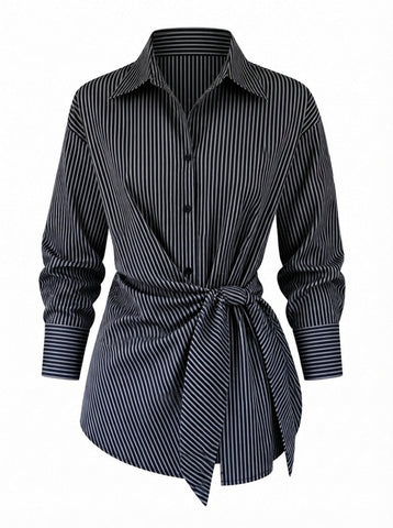 Confident Striped Tie-Waist Blouse