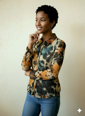 Sheer Tie-Dye Mesh Button-Up Blouse