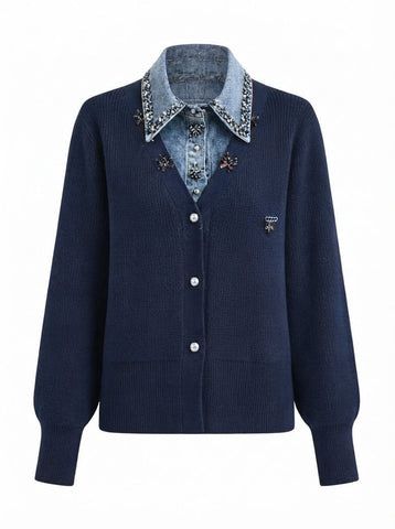 Radiant Rhinestone Denim Patchwork Cardigan
