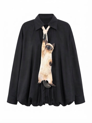 Unique Cat Tie Striped Blouse