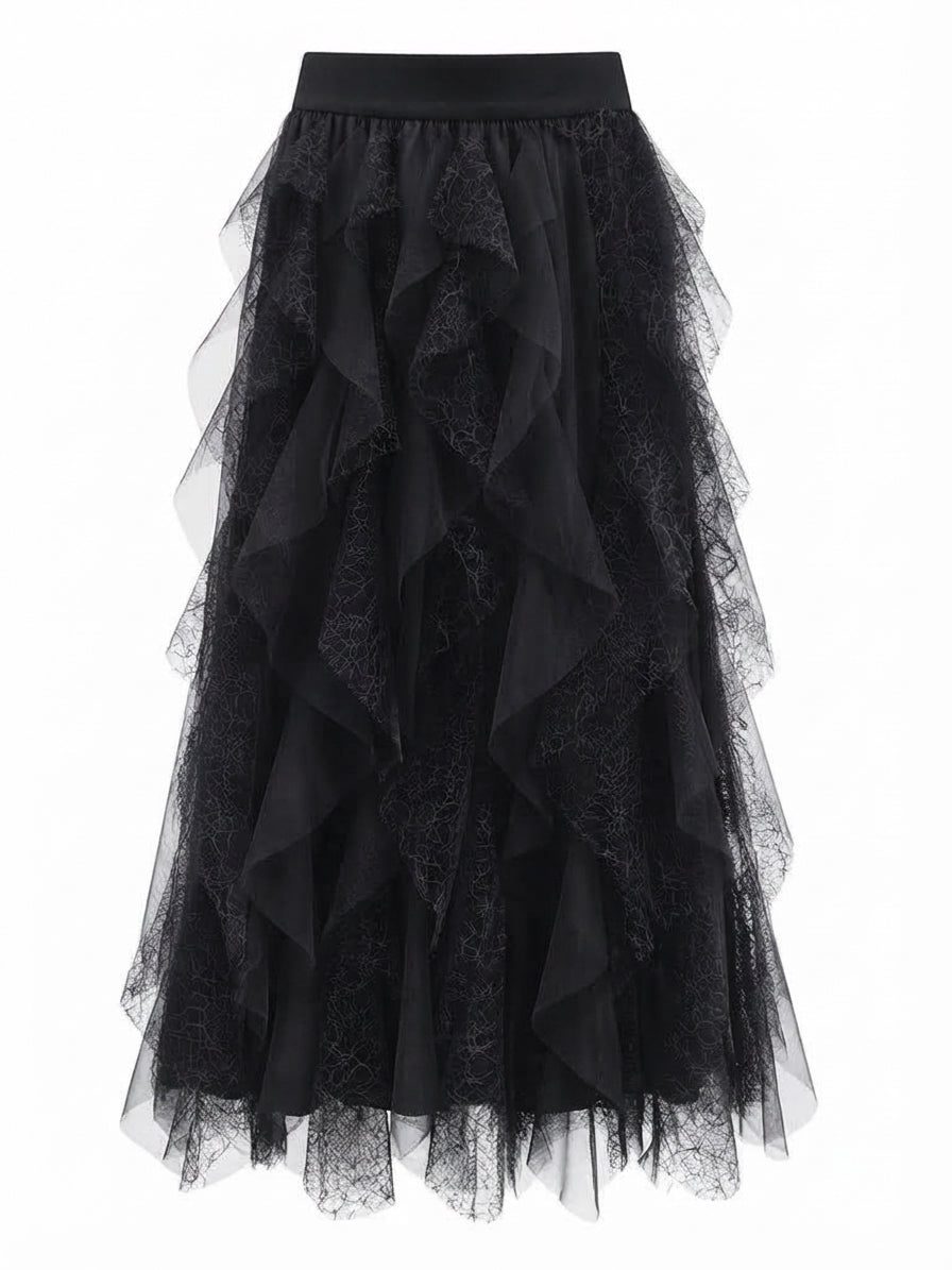 Ethereal Mesh Ruffled Midi Skirt