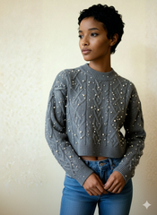 Pearl Embellished Cable Knit Sweater