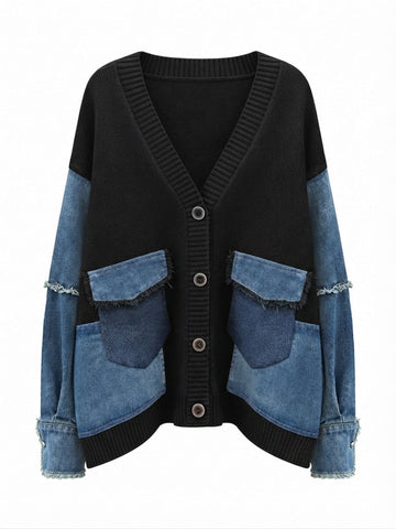 Unique Patchwork Knit Denim Cardigan