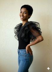 Black Ruffled Organza Sleeve Bodysuit