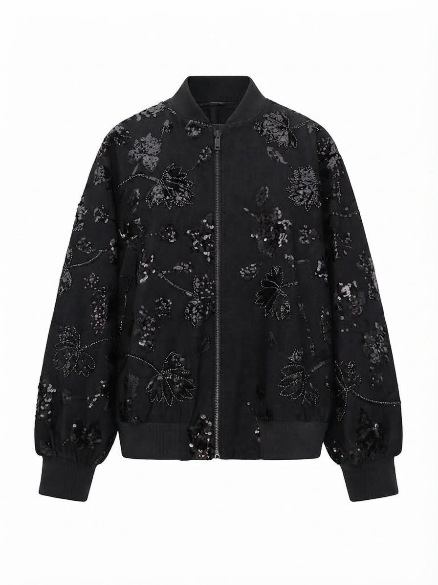 Radiant Sequin Leaf Bomber Jacket